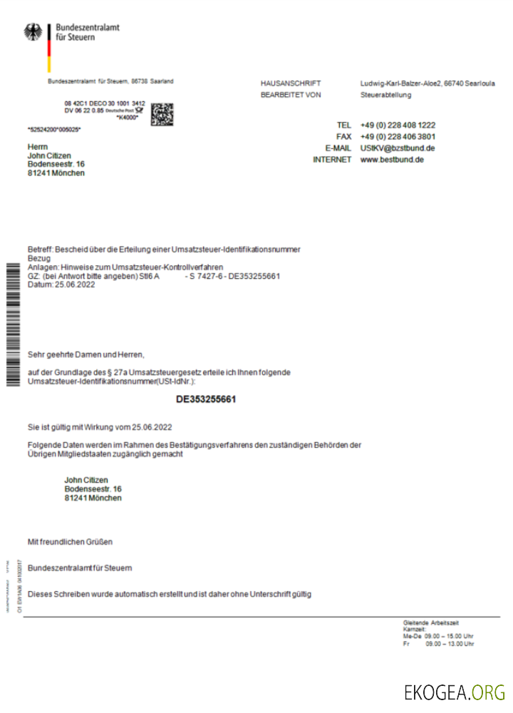 Modèle Word et PDF de certificat du Bundeszentralamt für Steuem d'Allemagne